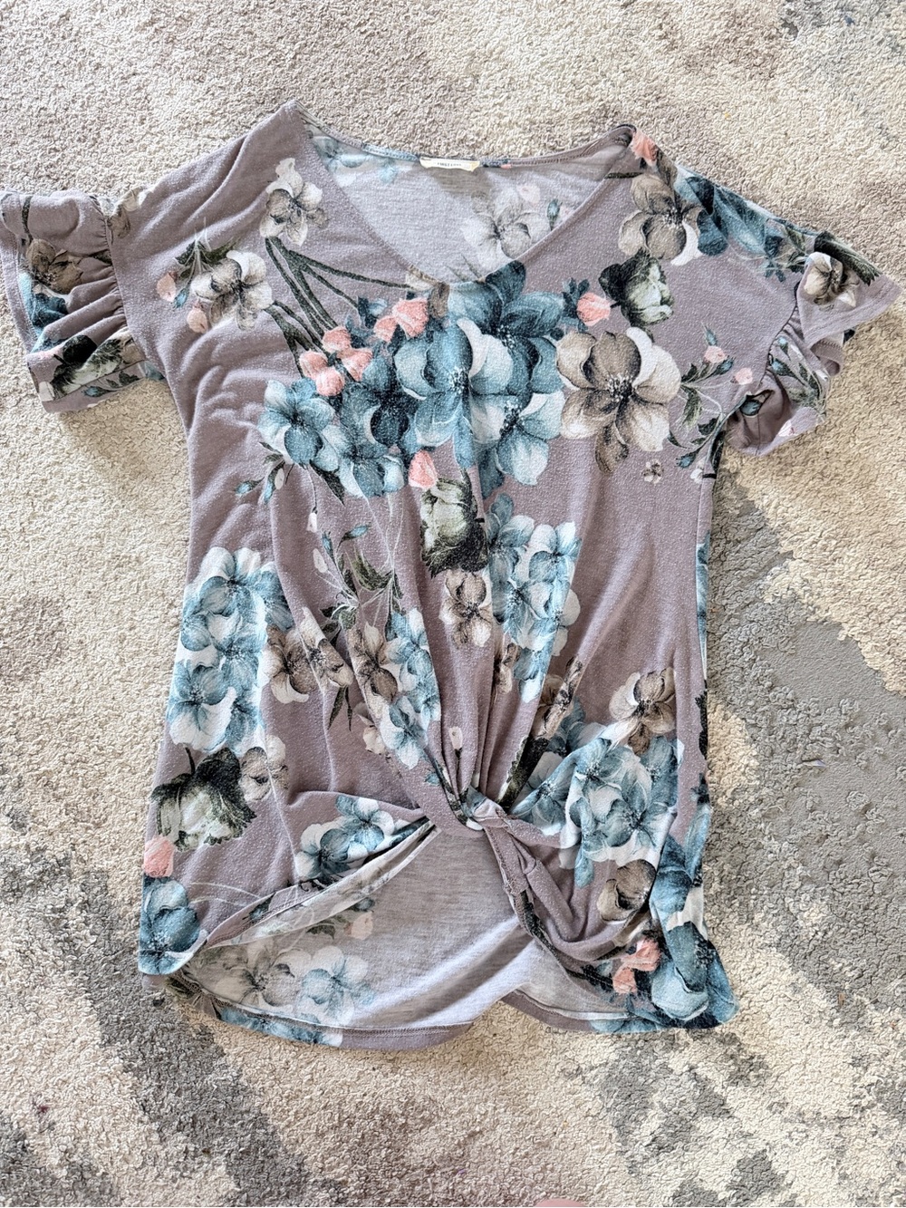 First Love Lavender Floral Twist-Front Short Sleeve Top